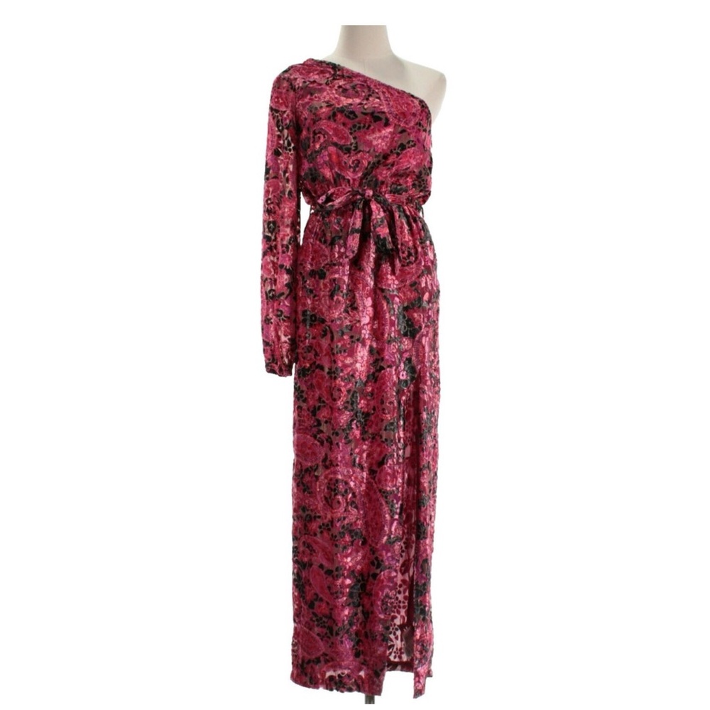 Worn once Hemant & Nandita One Shoulder Red Floral Velvet Burnout Dress XS